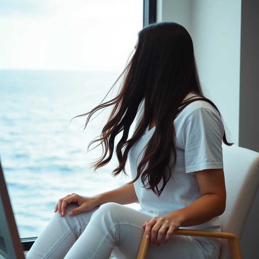 Woman playing a computer game. Dark long hair, white jeans, white t-shirt. Nature. Sea — работа пользователя Могущественный Танец