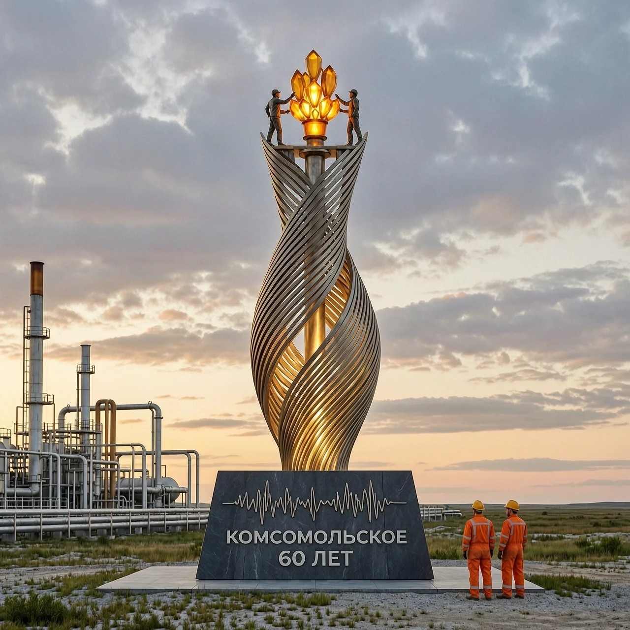 A photorealistic architectural visualization of a monumental sculpture "Torch of Eternal Energy" installed in an open industrial area of a gas field in the Russian…