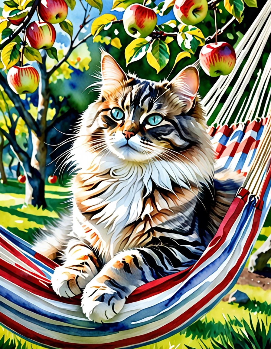 A masterpiece. Create an image. Watercolor painting style: ((Beautiful fluffy Siberian striped cat):1.6 dozing in a hammock under the apple trees in the garden):1.6, clear…