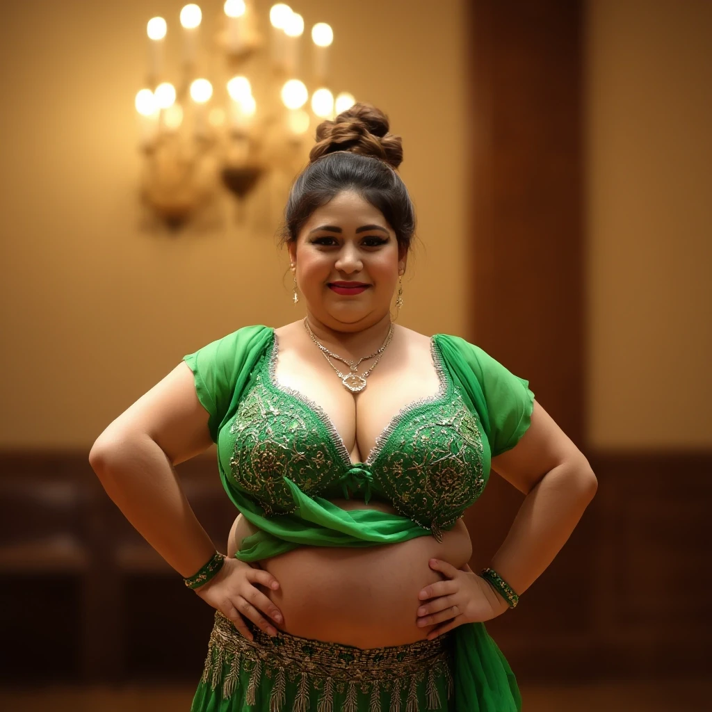 front view chubby belly dancer fifty years woman in green costume brown short ponytail hair stand in hall — работа пользователя Прекрасная Мантикора