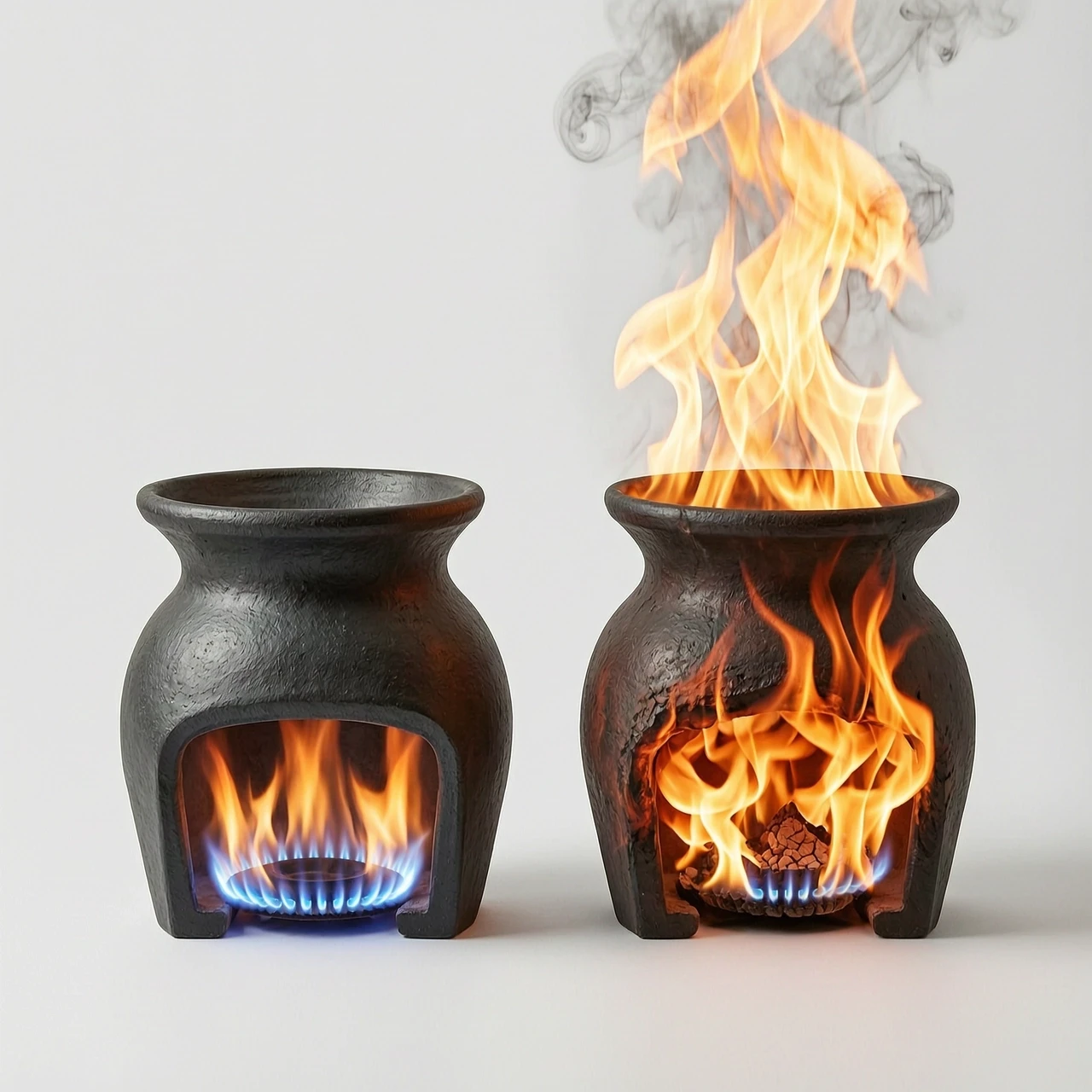 two jugs with flat bottoms without handles stand next to each other on a white background one is heated from below by gas the other heated to 800 degrees flames erupt from it —…