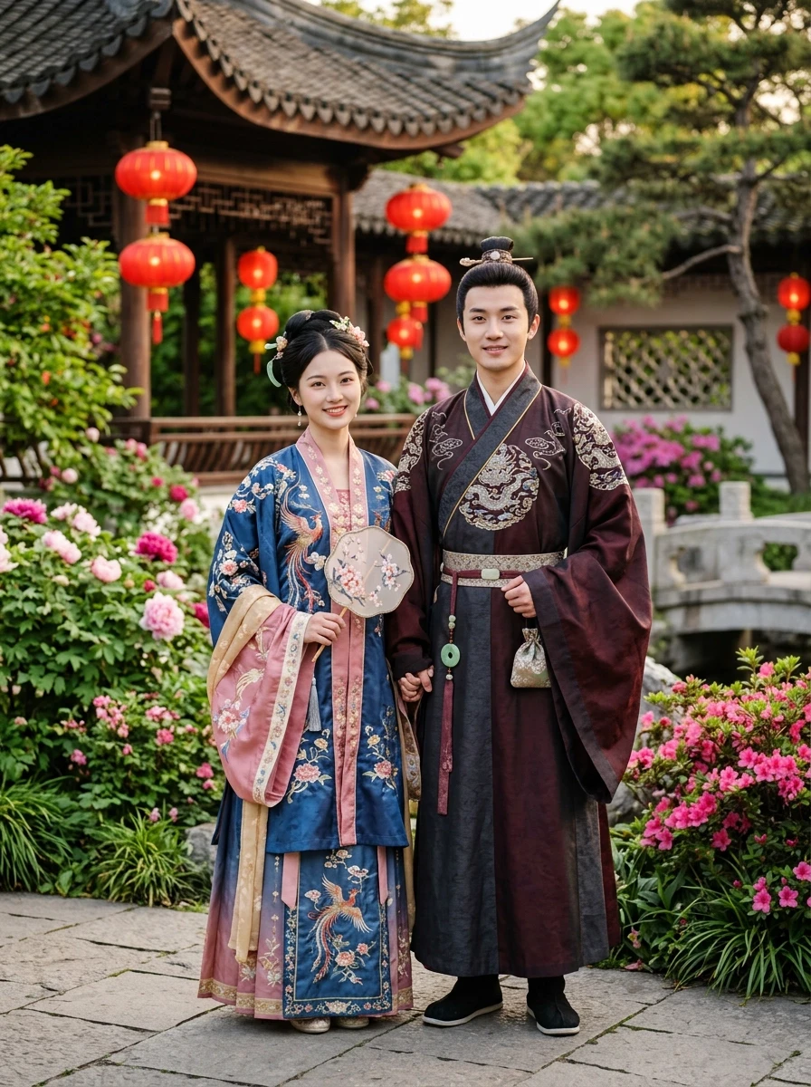 A young Chinese woman and a young Chinese man standing side by side in elegant traditional Hanfu clothing, the woman in a flowing silk dress with delicate embroidery and long…