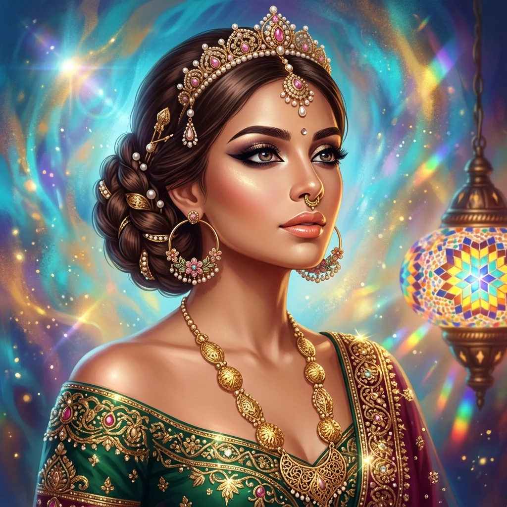The picture shows a woman in an oriental style, made using digital illustration techniques. Description of the character. Clothes. She is wearing an off-the-shoulder dress…