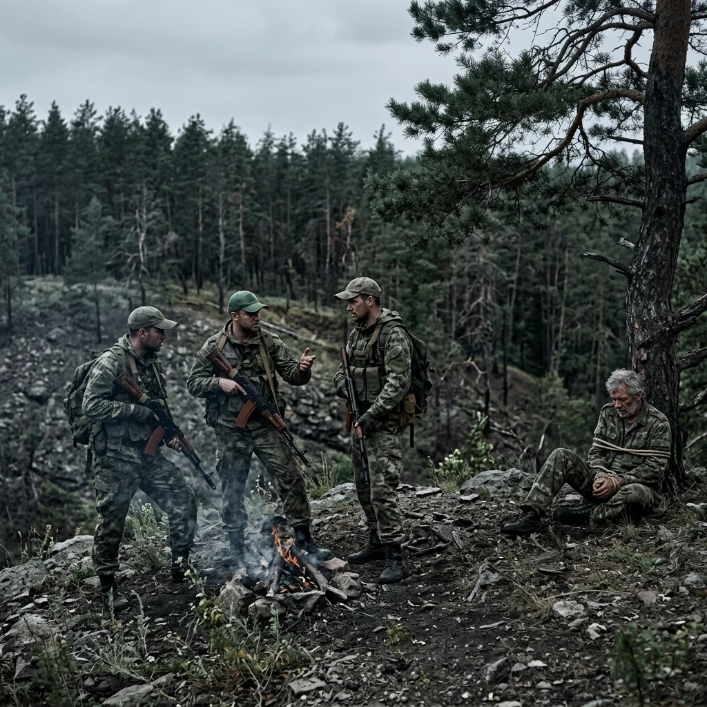Хвойный лес. На склоне холма стоят трое вооружённых мужчин с АК-74 в камуфляже и бейсболках и что-то обсуждают. Небольшой костёр. В стороне возле дерева сидит ещё человек в…