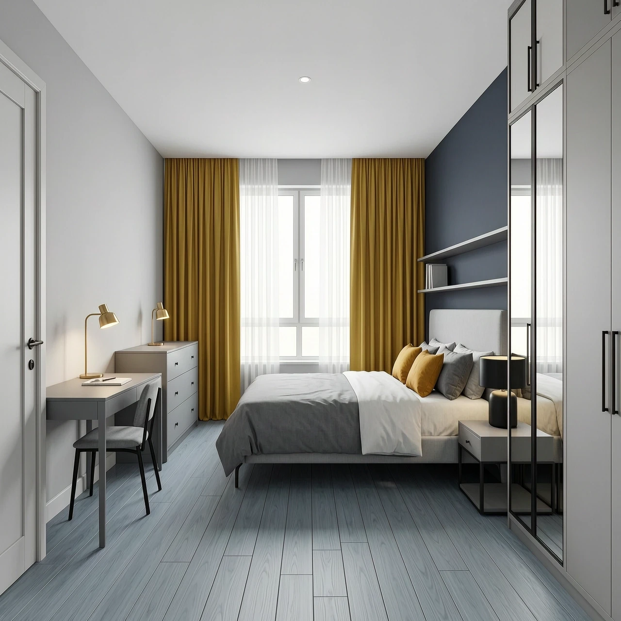 Interior design of a rectangular 11 sqm bedroom, view from the entrance door. Room size 3.9m width x 3.0m depth, ceiling height 2.7m. Upon entering, on the left is a small…