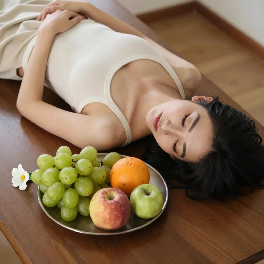 A woman lies on a platter on the table, with fruits and flowers around the platter — работа пользователя Огненная Симметрия