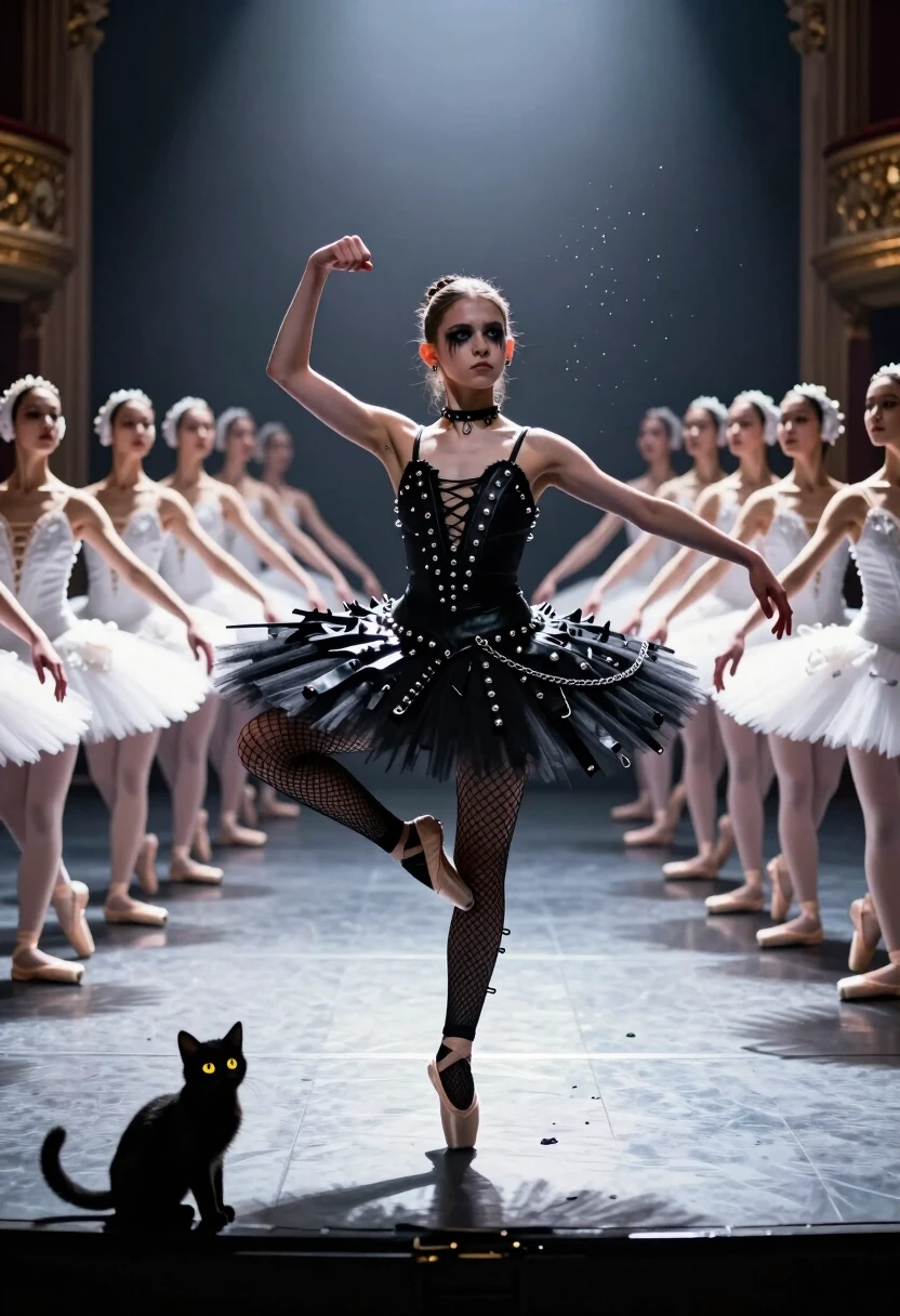 Photorealistic cinematic shot, 8K, octane render, dramatic studio lighting. Wide-angle lens (24mm) to capture the full scale of the ballet scene. In the center of a grand,…