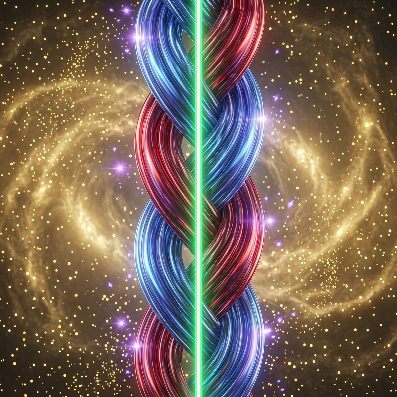 A stunning 3D render of a thick, wide braid in ancient Slavic style, positioned vertically in a cosmic space. The braid is sculpted from smooth, flowing, fluid lines of energy…