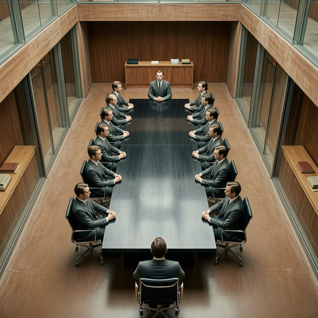 A cinematic, hyper‑realistic overhead shot of a boardroom, embodying the concept of absolute rationalism and strict discipline. The setting is a masterpiece of minimalist…