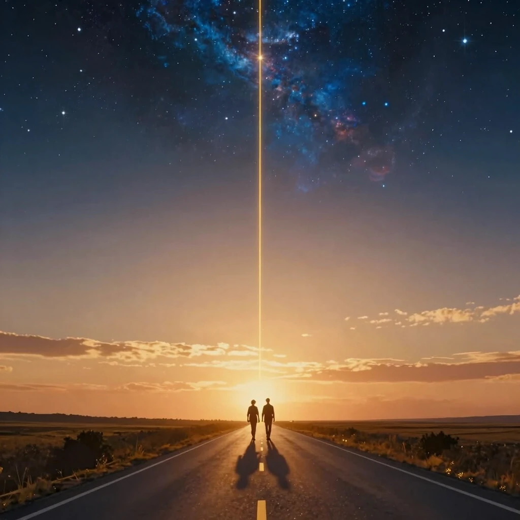 Cinematic, symbolic scene. A long, endless road or path stretching toward a glowing, infinite horizon. Two tiny human figures walk side by side in the distance. Above them, the…