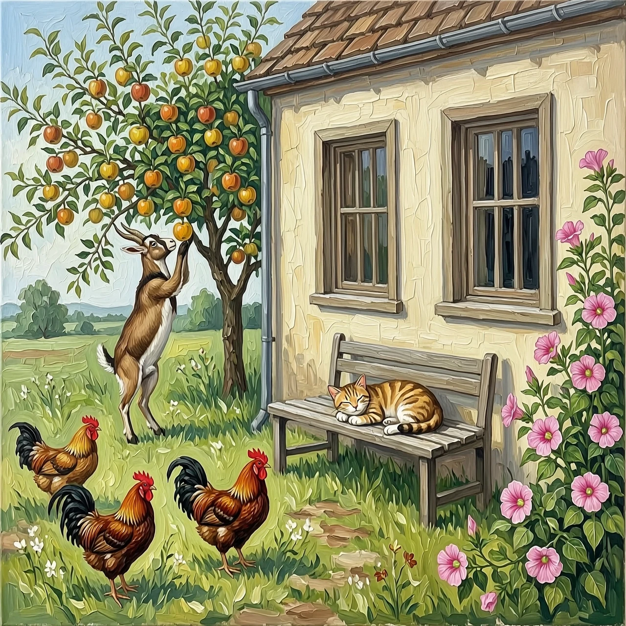 Рисунок маслом. Дом с двумя окнами. На заднем плане яблоня, коза стоит на задних лапах пытается достать верхнее яблоко. Перед окнами скамья без спинки, на ней спит кот. На углу…