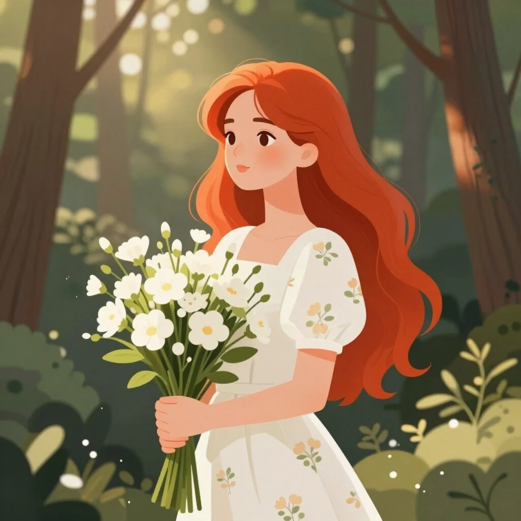 The image is a digital illustration of a young woman with long red hair, standing in a forest. She is wearing a white dress with a floral pattern and is holding a large bouquet…