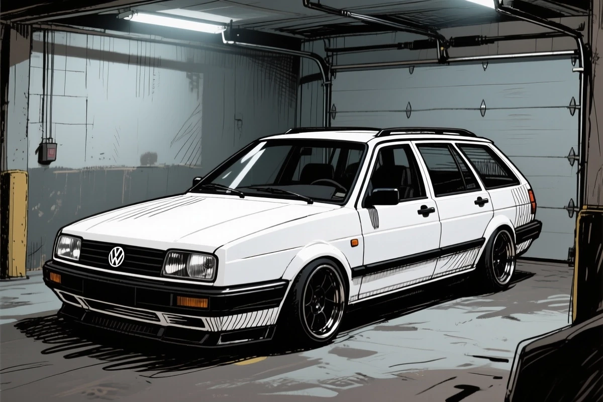 Cel-shading A high-contrast sketch paint of 1990 white Volkswagen Passat B3 station wagon parked inside a real-world garage. The car features a custom hand-painted cel-shaded…
