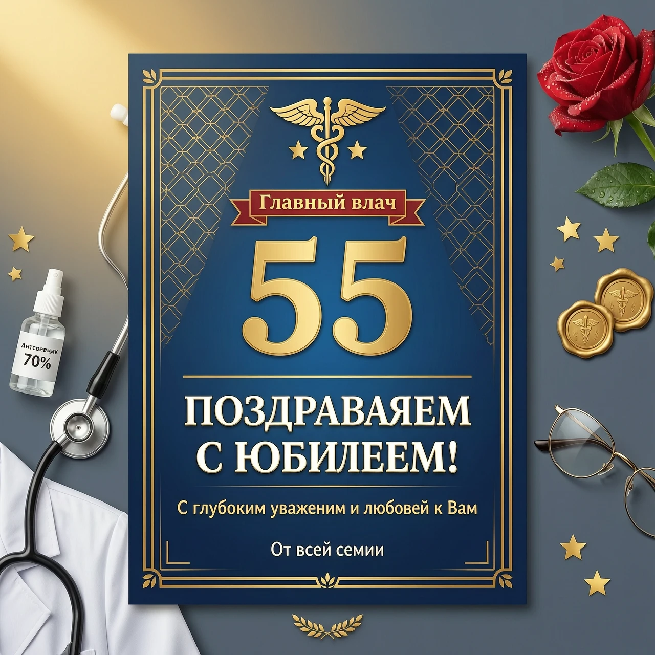 Картинка поздравление с юбилеем (55лет) отцу (врач по профессии, главный врач) с одной только надписью “поздравляем с юбилеем!» — работа пользователя Безудержный Магистр