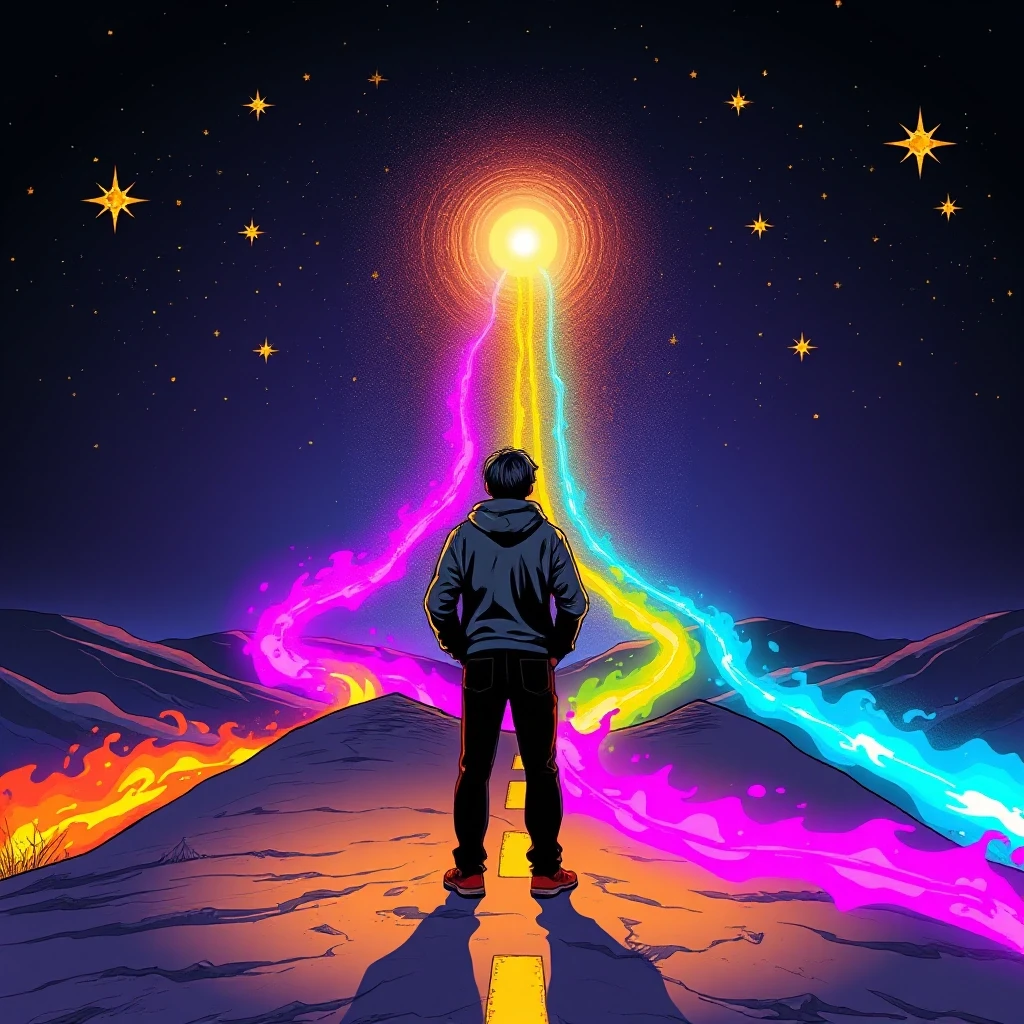 A person stands at a crossroads with infinite paths ahead — each glowing with a different color. They are not looking back. They are choosing with confidence. The sky above is…
