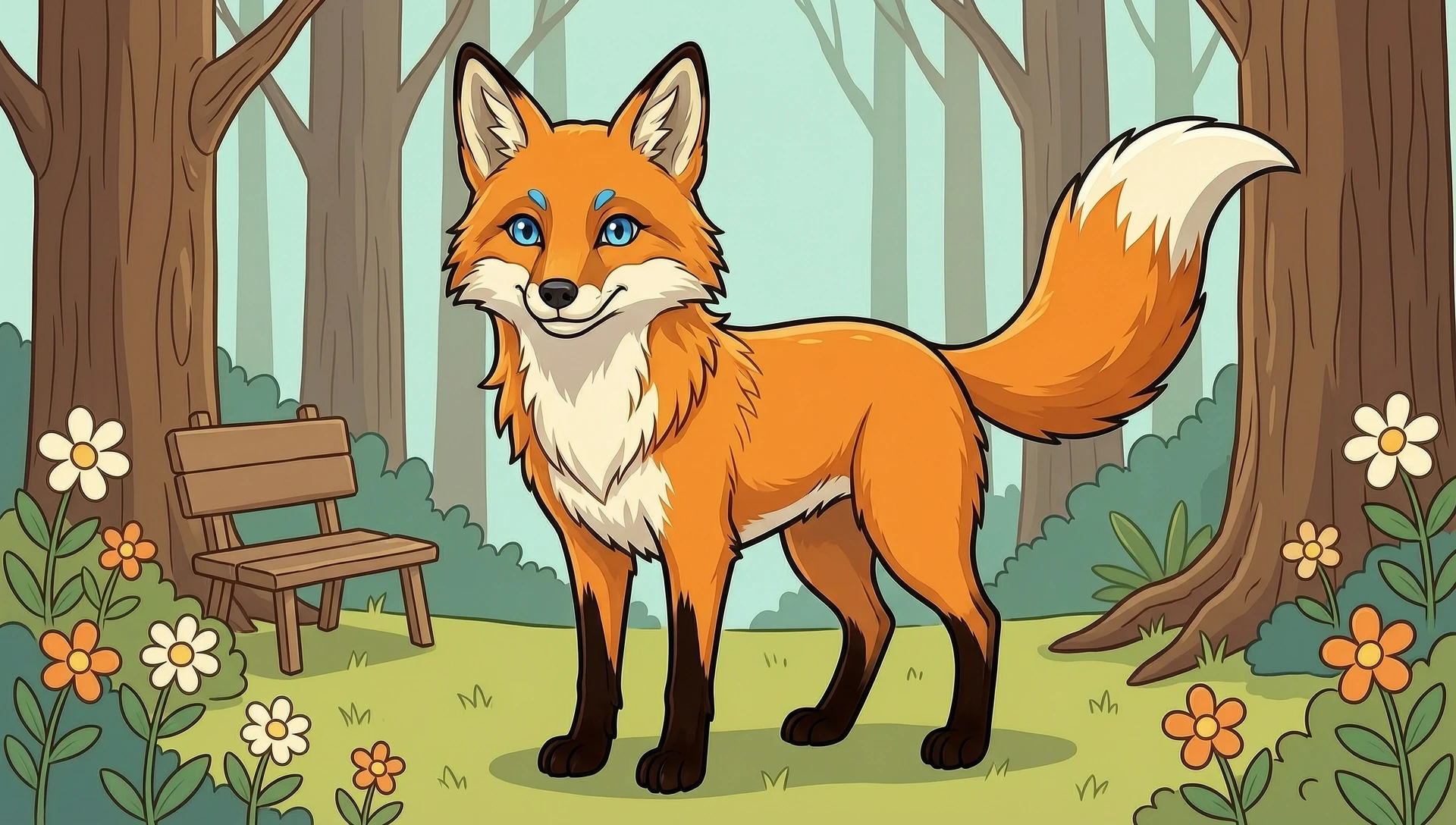 furry арт лиса собака основной цвет оранжевый жёлтый голубая чёлка голубые глаза стоит на двух лапах ростом с человека — работа пользователя Сияющий Вояж