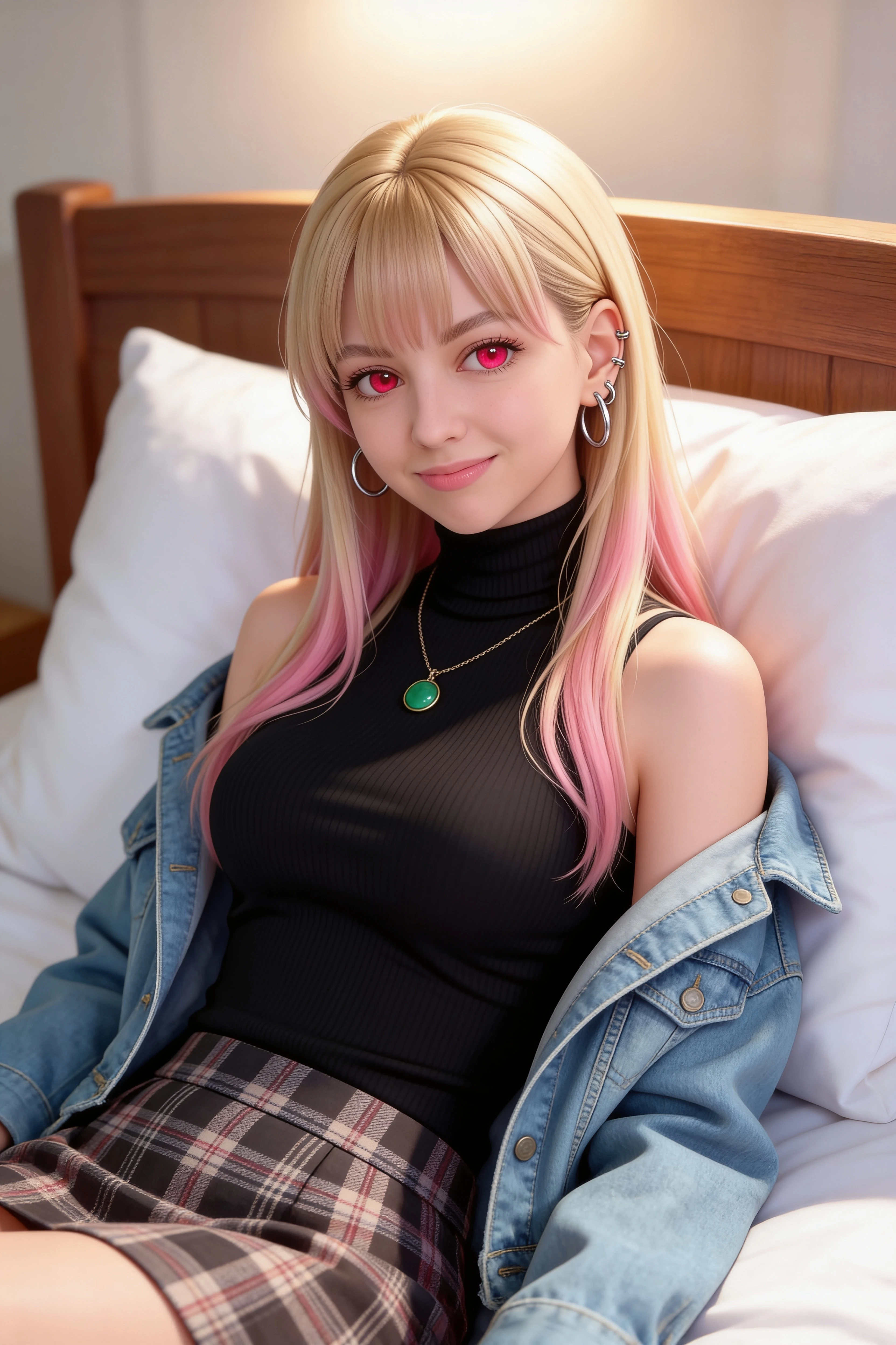 Photorealistic portrait, masterpiece, best quality, realistic young woman, long blonde hair with soft pastel pink gradient tips, slightly parted bangs, expressive vibrant…