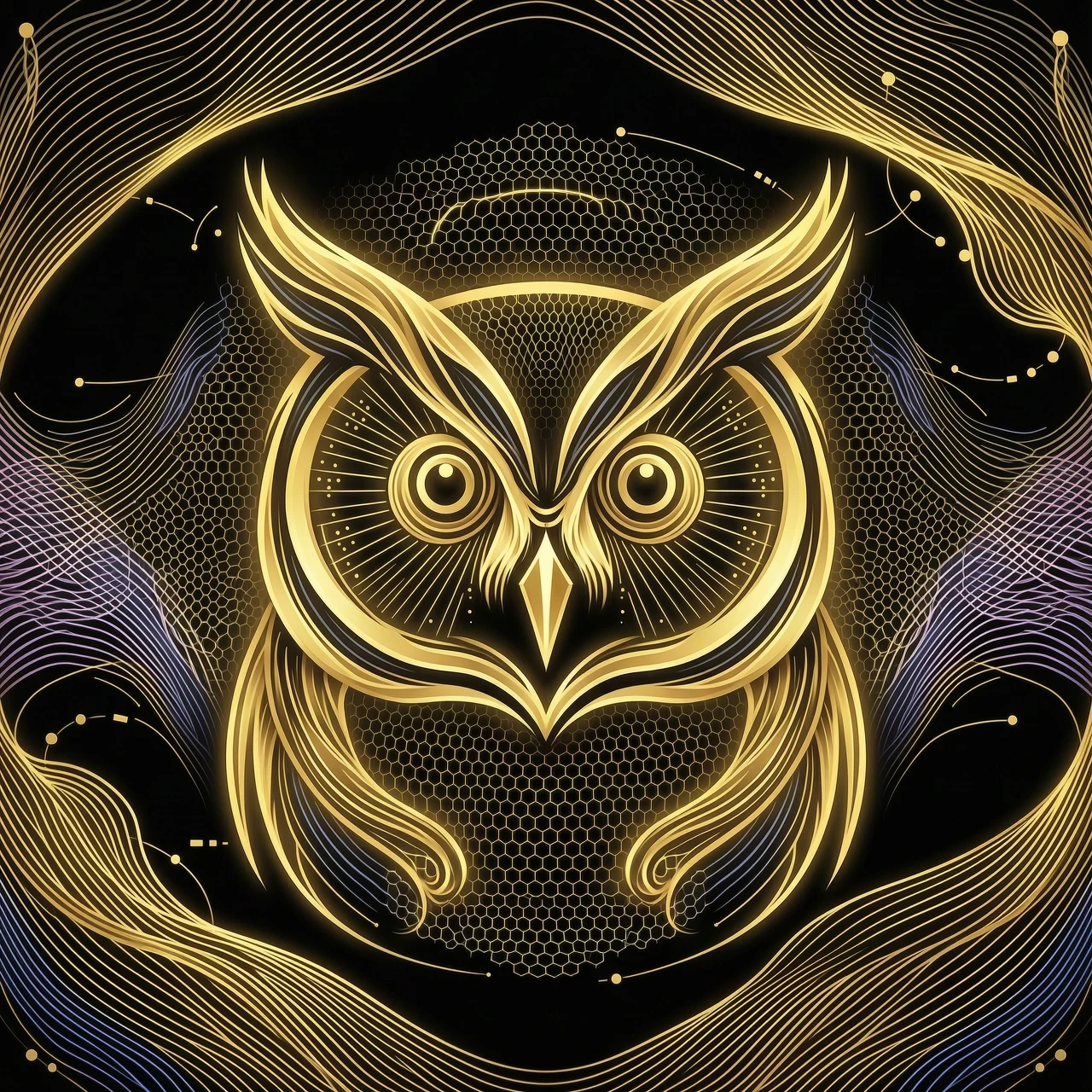 A minimalistic digital illustration of a owl, front view, created with elegant fluid golden lines and glowing dynamic wave patterns, intricate mesh and wireframe textures,…