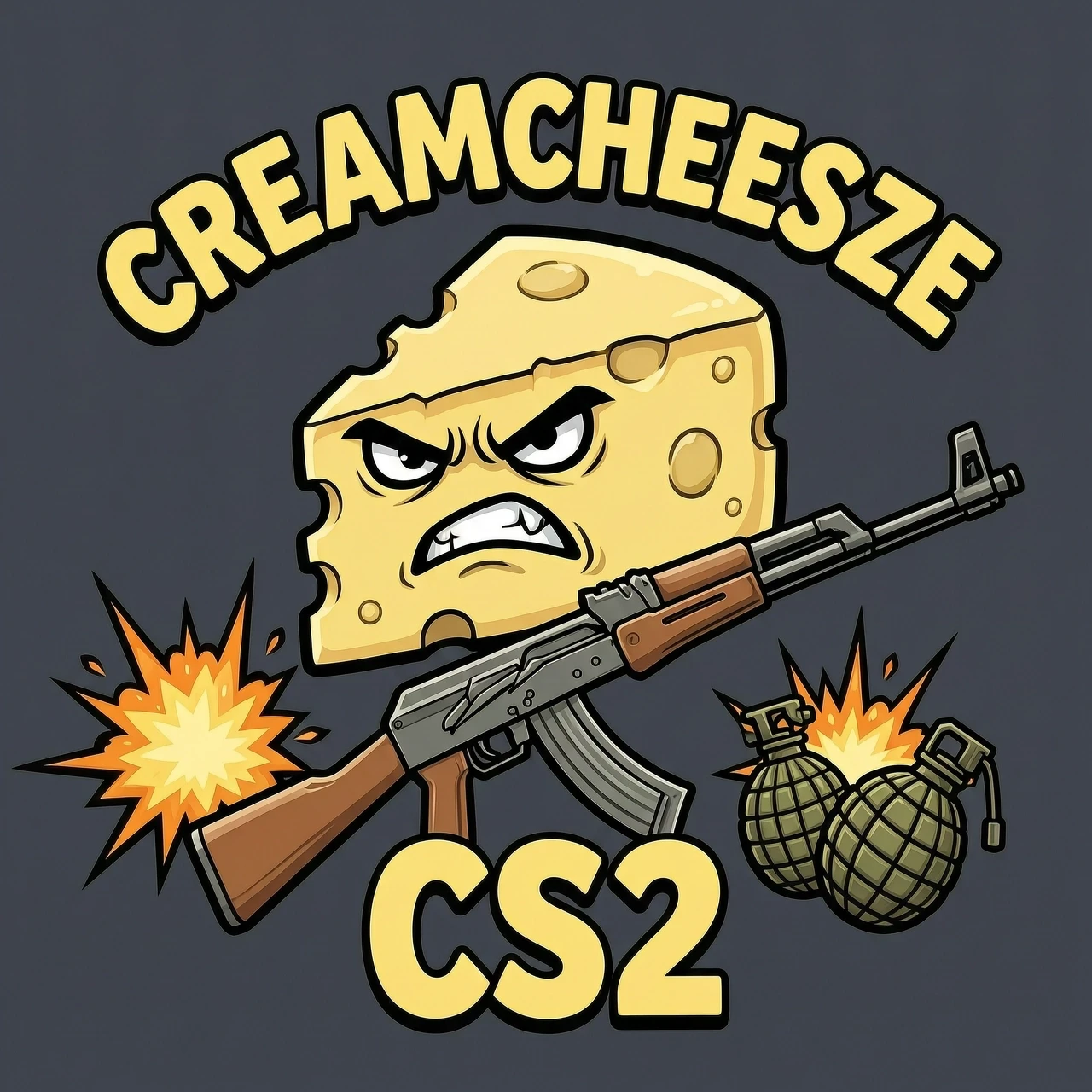 Создай мне аватарку для steam, на которой будет надпись creamcheesze, сам сливочный сыр с злым лицом, надпись CS2, рисунок AK-47 и взрывные гранаты — работа пользователя…