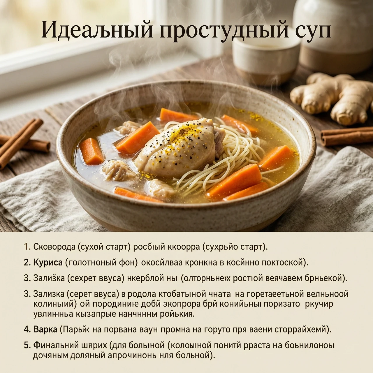 A high-quality, cozy culinary infographic poster titled "Идеальный простудный суп" in elegant, readable Russian typography. The composition is split: the top half…