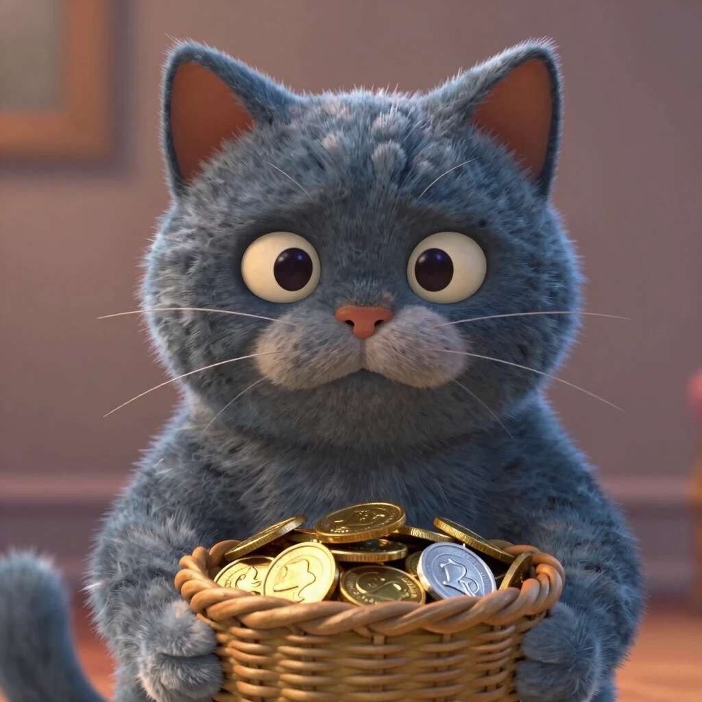 pixar britis cat blue-grey color держит лапkax корзинку , в корзинке монеты золотые и серебренные — работа пользователя Искрящаяся Река