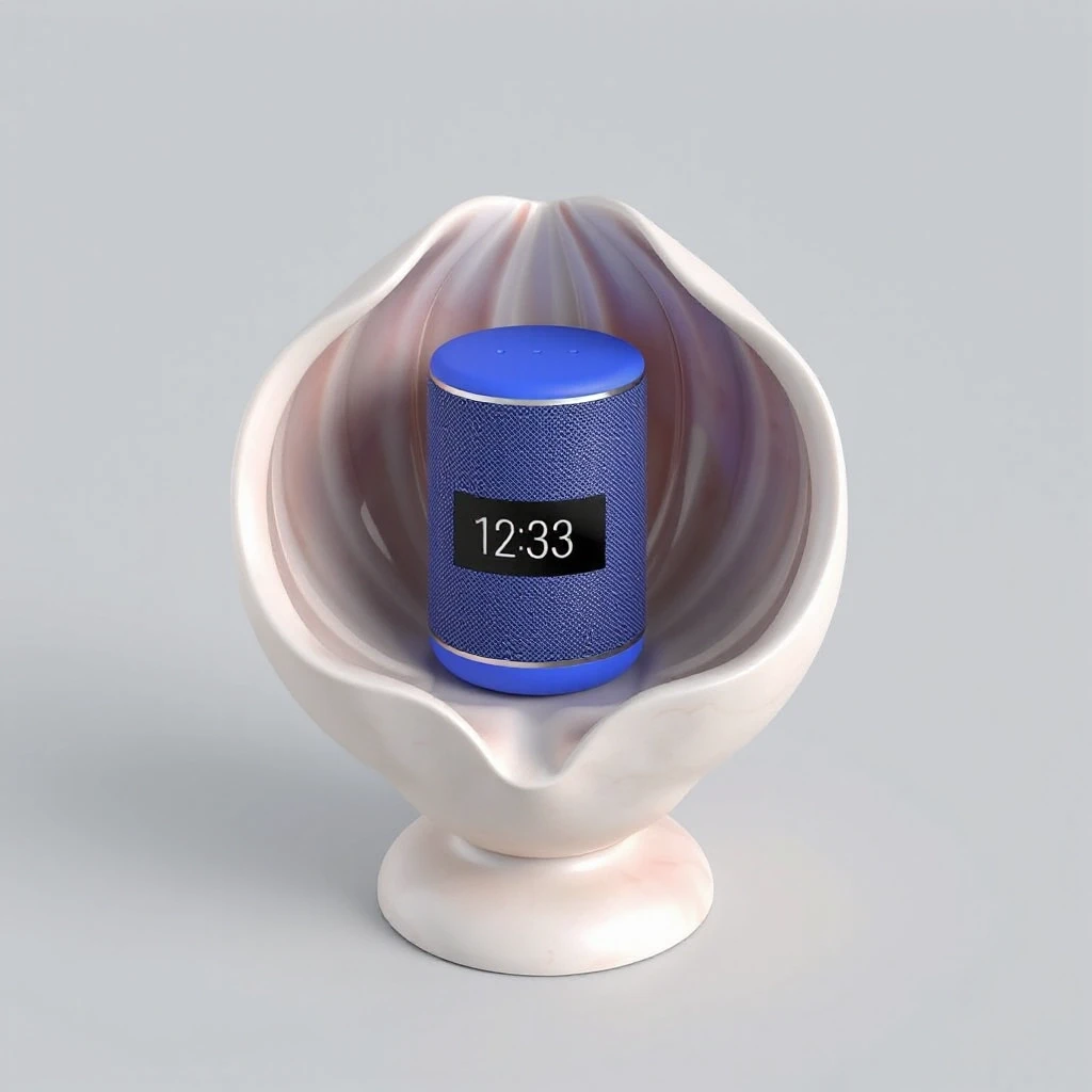 3D product visualization, a smart speaker shaped like a short wide cylinder (its height is noticeably less than its diameter), sitting inside a two-part seashell stand. The…
