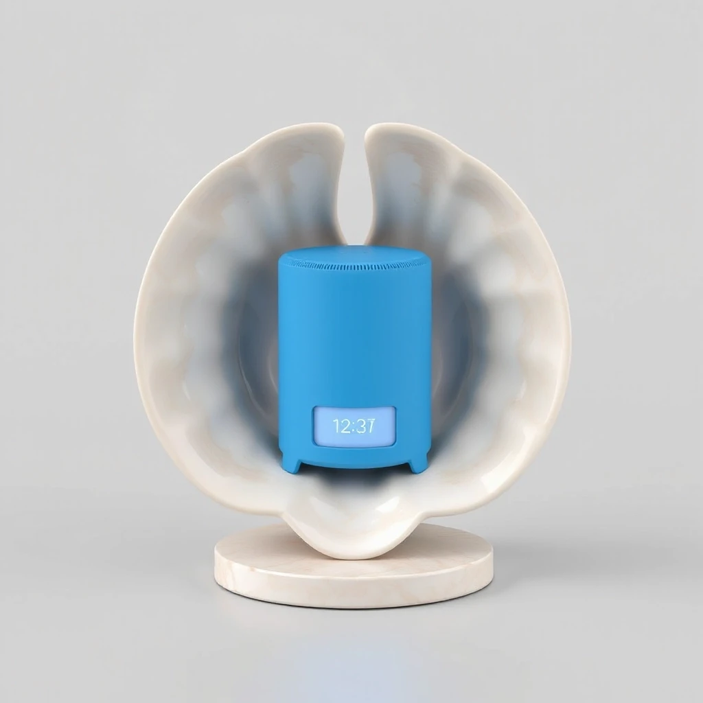3D product visualization, a smart speaker shaped like a short wide cylinder (its height is noticeably less than its diameter), sitting inside a two-part seashell stand. The…