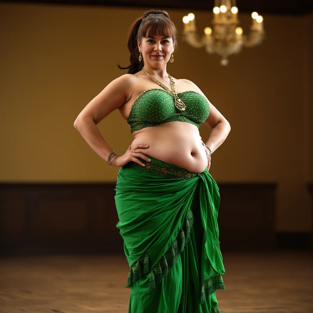 front view chubby belly dancer fifty years woman in green costume brown short ponytail hair stand in hall — работа пользователя Прекрасная Мантикора