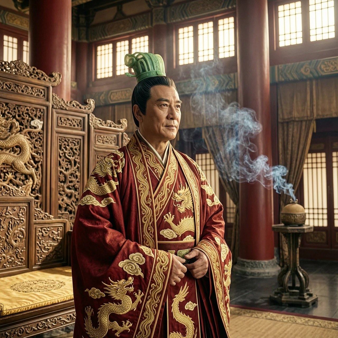 Hyper-realistic cinematic portrait of Emperor Wu of Jin, Sima Yan, standing in a majestic imperial throne room. He is a dignified Chinese emperor of the 3rd century, dressed in…