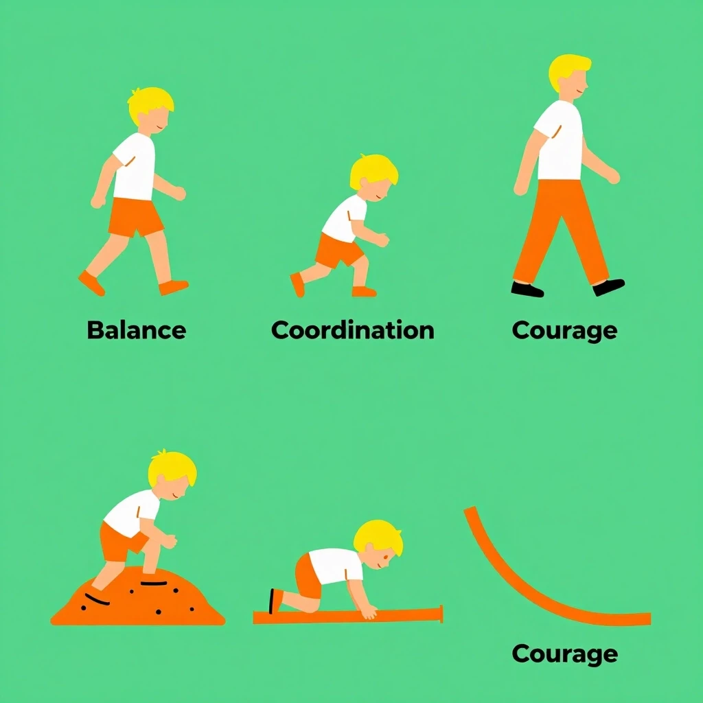 Infographic: stylized figures of Caucasian children and parents (blond hair) sequentially pass an obstacle course – step over bumps, crawl under a stick, climb a mat. Next to…