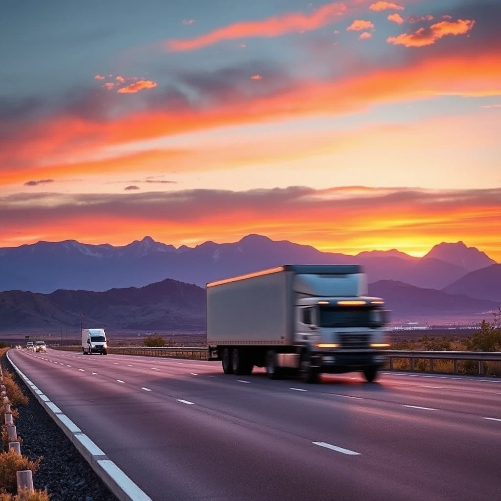 A truck is driving along the road against the backdrop of mountains and a fiery sunset. — работа пользователя Лунный Пиромант