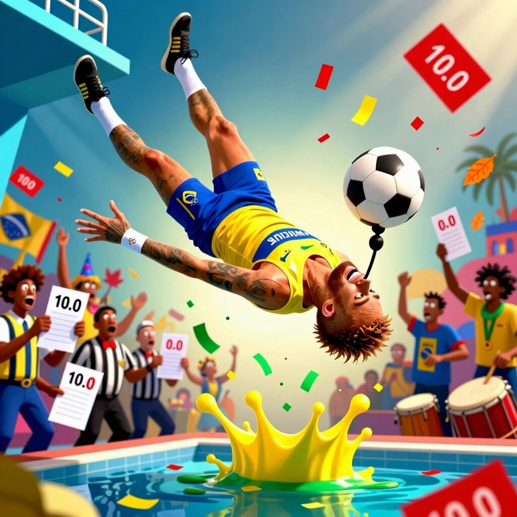Hyper-exaggerated, grotesque caricature of Neymar, instantly recognizable by his ever-changing hairstyle, expressive face, and love for dramatic falls. He is suspended mid-air…