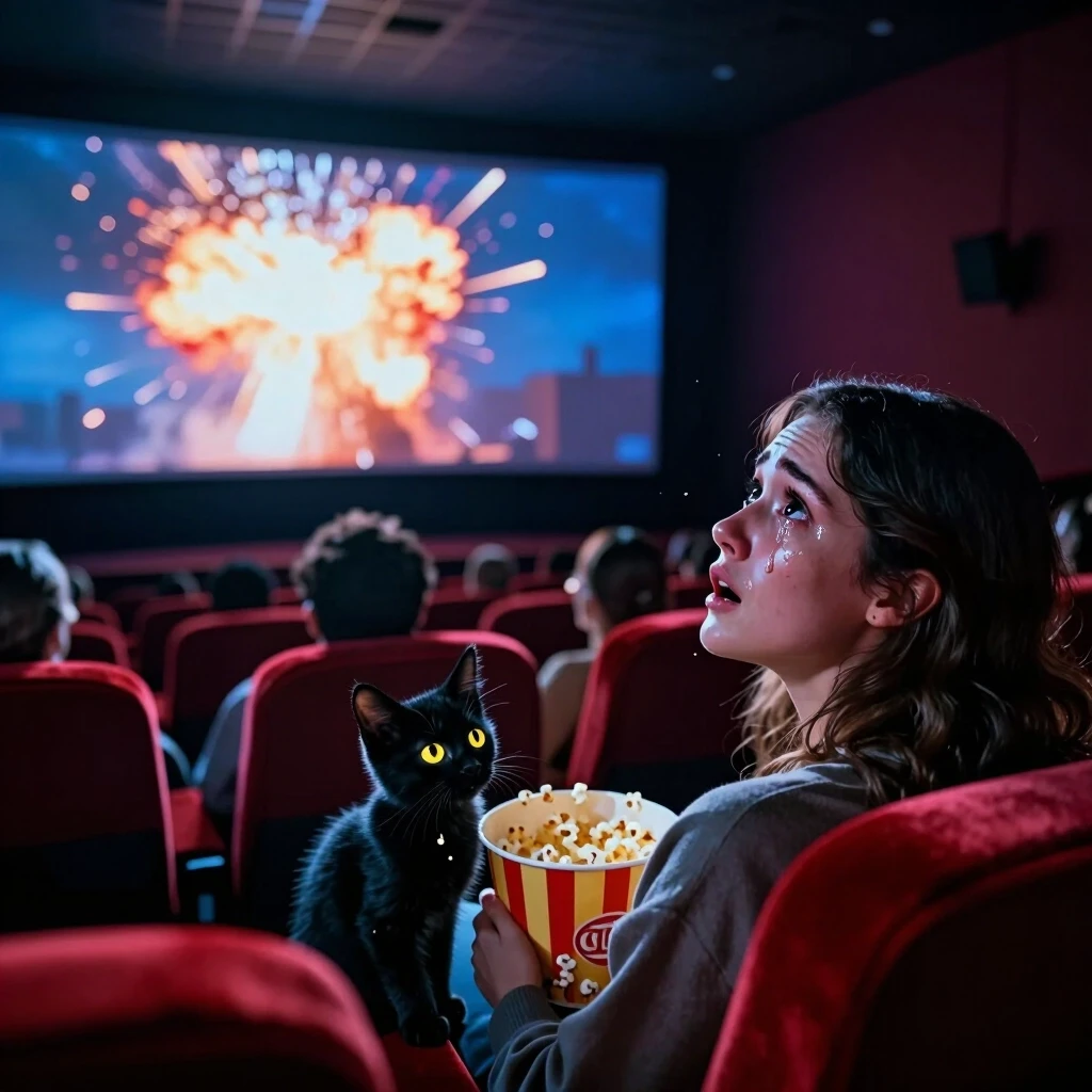 Photorealistic cinematic shot, 8K, Octane render, dramatic lighting. Wide shot with a low-angle camera tilted slightly up, looking from the back row of the cinema towards the…