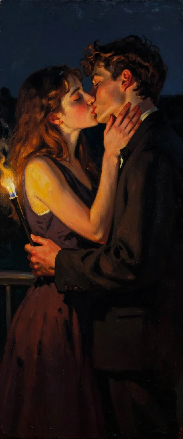 Oil painting, romance, first kiss, a 20-year-old boy and an 18-year-old girl, night, lighting like from a candle or torch, dark background, Daniel Gerhartz style — работа…