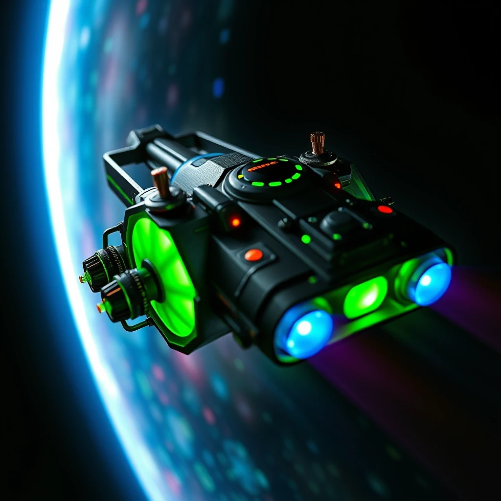 Power metal-style album cover, devoid of any text. A futuristic spacecraft, featuring glowing green elements and blue ion engines, travels through a vibrant cosmic nebula. The…