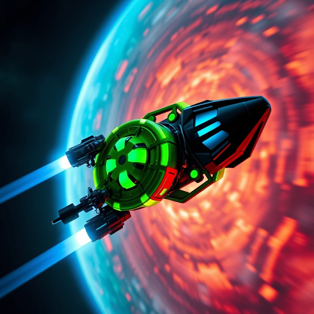 Power metal-style album cover, devoid of any text. A futuristic spacecraft, featuring glowing green elements and blue ion engines, travels through a vibrant cosmic nebula. The…