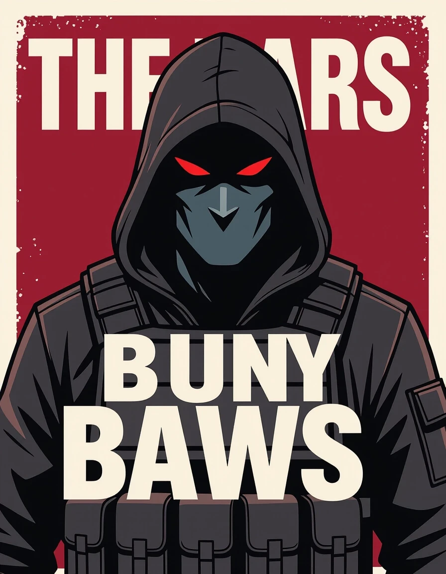 Comic book style, graphic illustration, limited color palette of 3 colors: blood-burgundy, pure black, dark grey. A single ominous silhouette of a tall, broad-shouldered man…