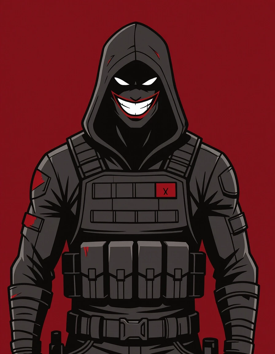Comic book style, graphic illustration, limited color palette of 3 colors: blood-burgundy, pure black, dark grey. A single ominous silhouette of a tall, broad-shouldered man…