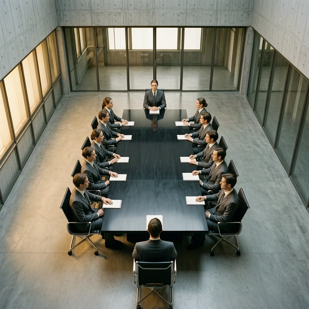 A cinematic, hyper‑realistic overhead shot of a boardroom, embodying the concept of absolute rationalism and strict discipline. The setting is a masterpiece of minimalist…