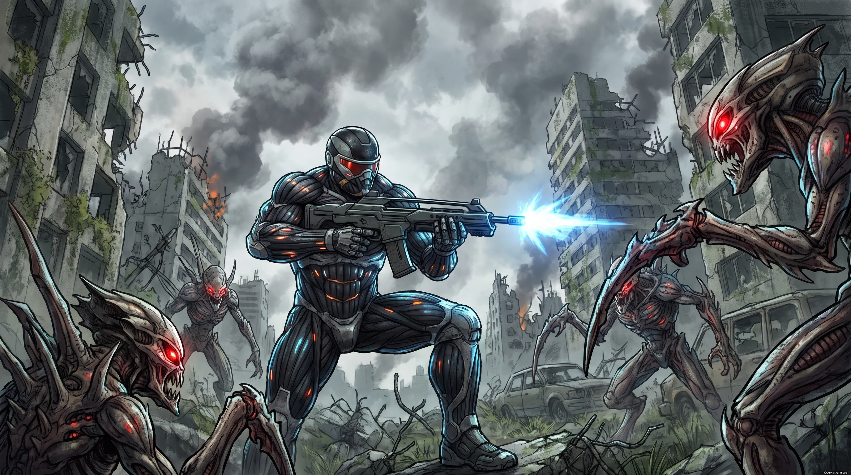 Crysis (игра), герой в нанокостюме солдата будущего, боевая стойка, стрельба, окружен злыми пришельцами, на фоне руин города, стиль аниме с реалистичными деталями, шедевр —…