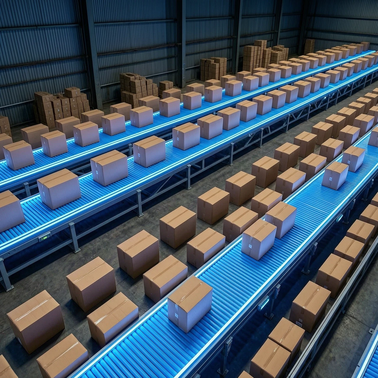 Inside the dark warehouse, bright blue LED conveyor belts rapidly sort thousands of brown cardboard parcels. Fast-paced, top-down view. — работа пользователя Ослепительная Муза