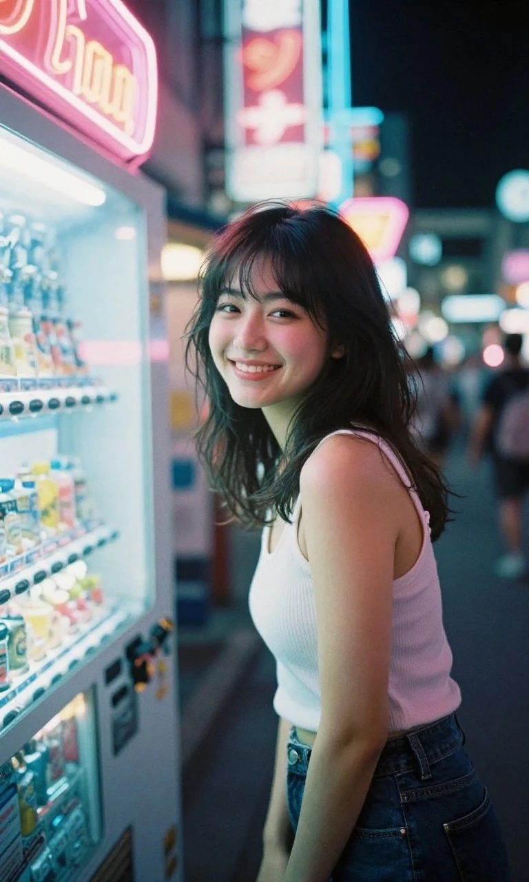 A slender 20-year-old Japanese woman with a playful, naughty smile, captured in a candid moment amidst the vibrant neon glow of 1980s Tokyo. The aesthetic is pure City Pop…