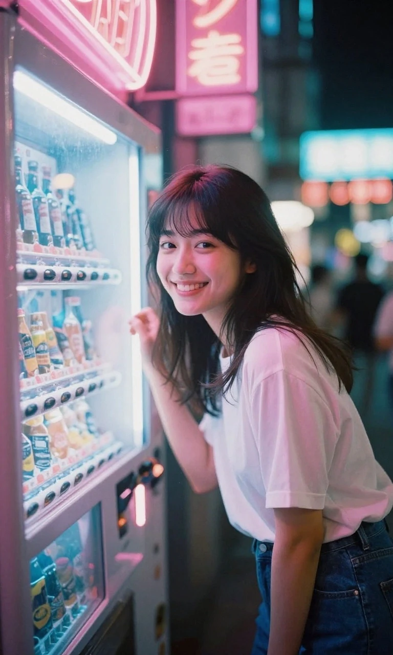 A slender 20-year-old Japanese woman with a playful, naughty smile, captured in a candid moment amidst the vibrant neon glow of 1980s Tokyo. The aesthetic is pure City Pop…