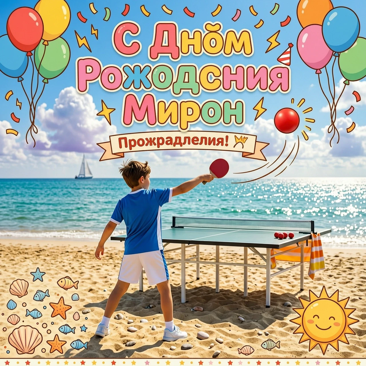 Мальчик играет в настольный теннис на морском побережье.стоит спиной. Общий настрой картинки праздничный . Фото в стиле мультика надпись с днем рождения мирон. Без спасательного…