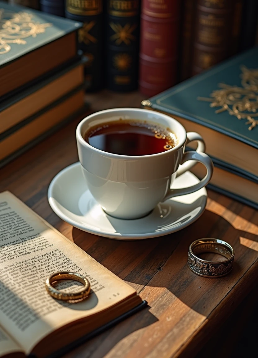 Чашка с кофе, книги, лабиринт, на столе лежит рыцарское кольцо — работа пользователя Быстрая Струна
