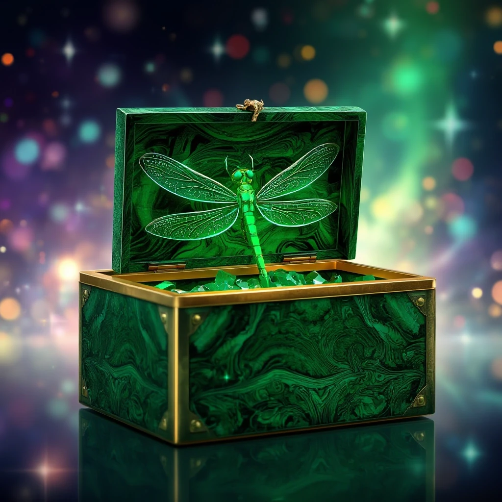 A sparkling colorful background-art of Bazhov's fairy tale, a RECTANGULAR malachite box with a dragonfly embossed on the lid on the inside, 3D VOLUMETRIC, in the style of…