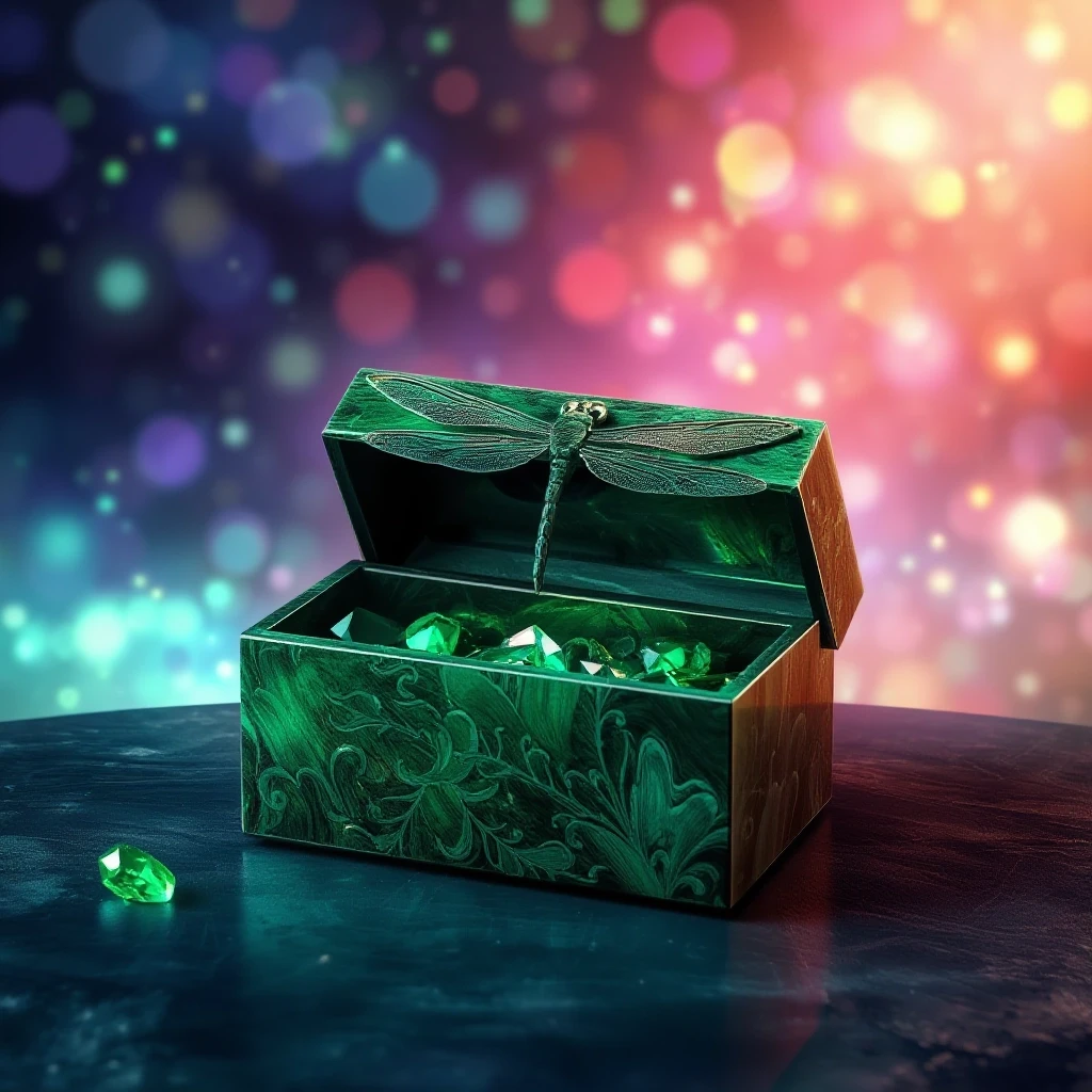 A sparkling colorful background-art of Bazhov's fairy tale, a RECTANGULAR malachite box with a dragonfly embossed on the lid on the inside, 3D VOLUMETRIC, in the style of…