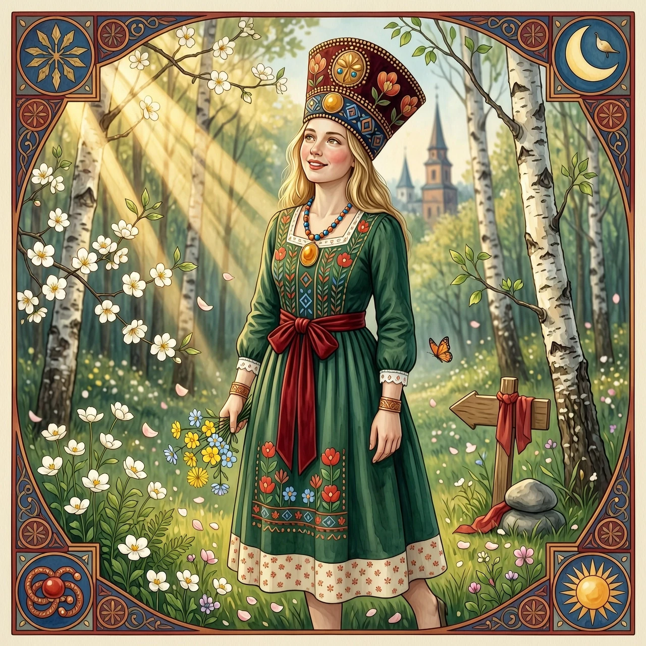 Russian Russians: A detailed portrait of a young woman of Slavic appearance from the 16th century in a traditional long Russian sundress and a traditional Russian cocoanut…