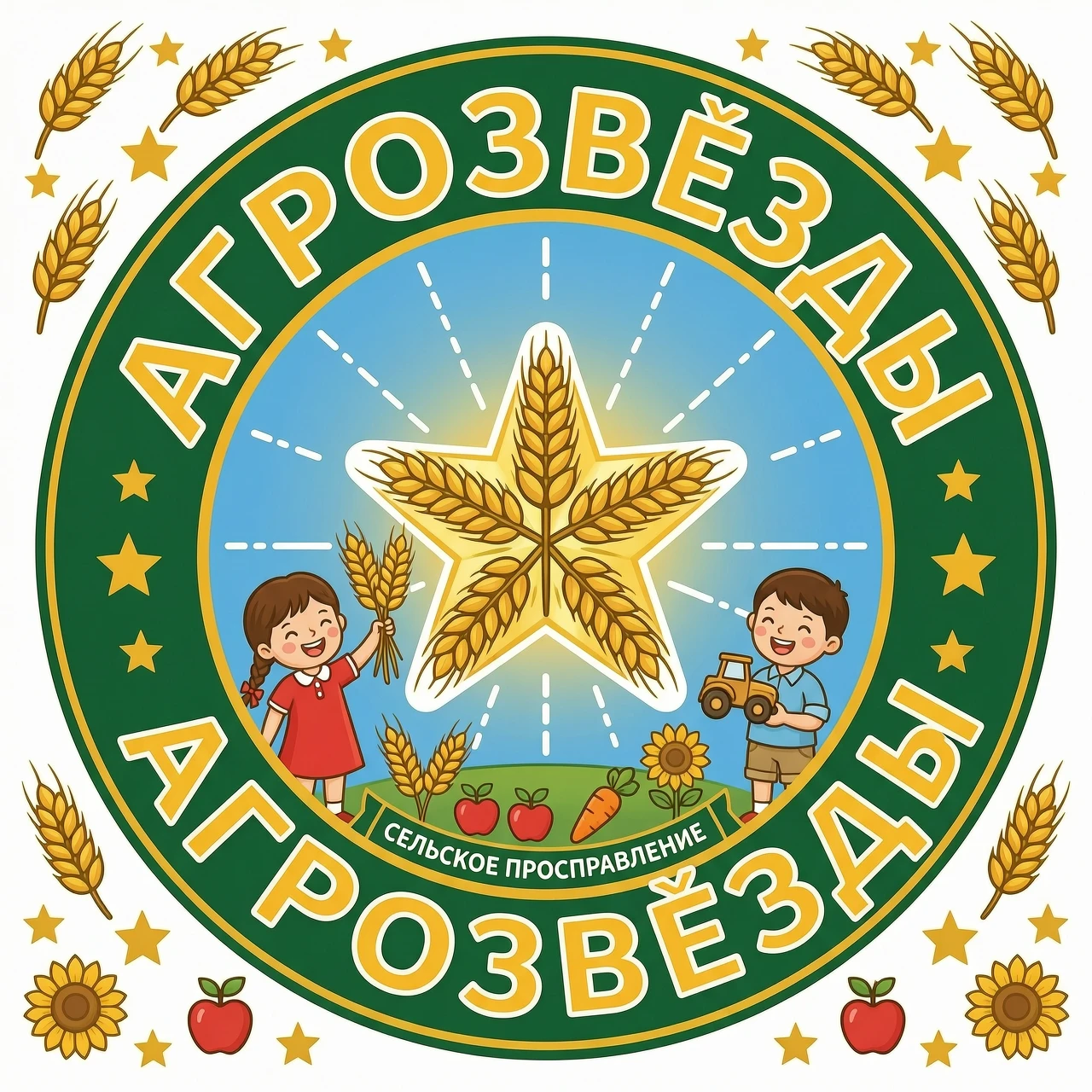Эмблема с названием АГРОЗВЁЗДЫ. На эмблеме должна быть звезда, колосья ( Или звезда из колосьев), что- то сельскохозяйственное и могут быть дети. Эмблема должна быть яркая. В…