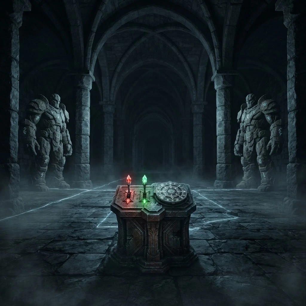 Dark fantasy Dungeons &amp; Dragons dungeon, enormous ancient stone hall, high vaulted ceiling, massive stone columns, dark mysterious atmosphere. Two gigantic stone guardian…